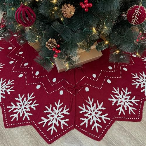 48-Inch Reversible Knit Snowflake Christmas Tree Skirt - Burgundy & White