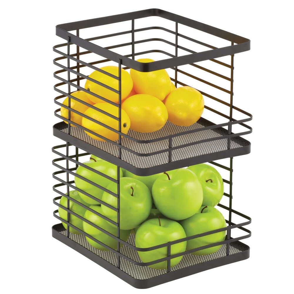 mDesign Stacking Wire Baskets Food Organizer Storage Metal Basket with Open Front for Kitchen Cabinet, Pantry, Cupboard, and Shelves - Organize Fruits, Snacks, and Vegetables - 2 Pack - Matte Black