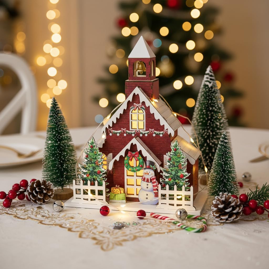 Wooden Lighted Christmas Church Decor | 11.8” Xmas Village Chapel with LED Lights & Snowman