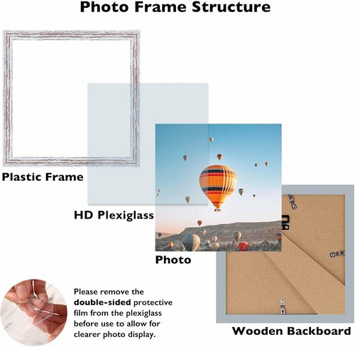 JCJMY 8x8 Picture Frame - Rustic White Square Wall Gallery Frame with Shatter-Resistant Plexiglass