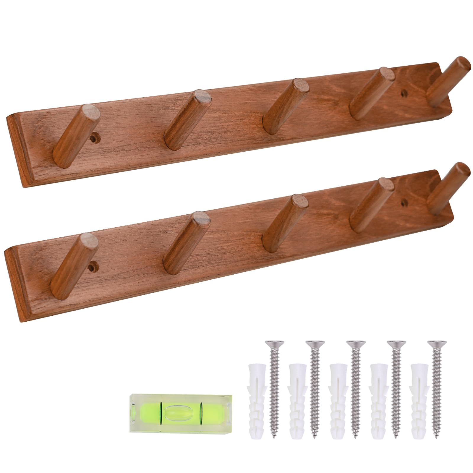 Cobnap Natural Teak Wall-Mounted Coat Rack (Set of 2, 16.6")-Farmhouse Entryway Hooks with 5 Wooden Hooks Each, Rustic Bathroom Wall Pegs for Jackets, Backpacks & Towels