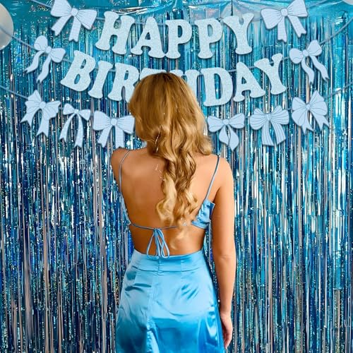 Blue Bow Happy Birthday Banner Set - Pre-Strung Glitter Garland