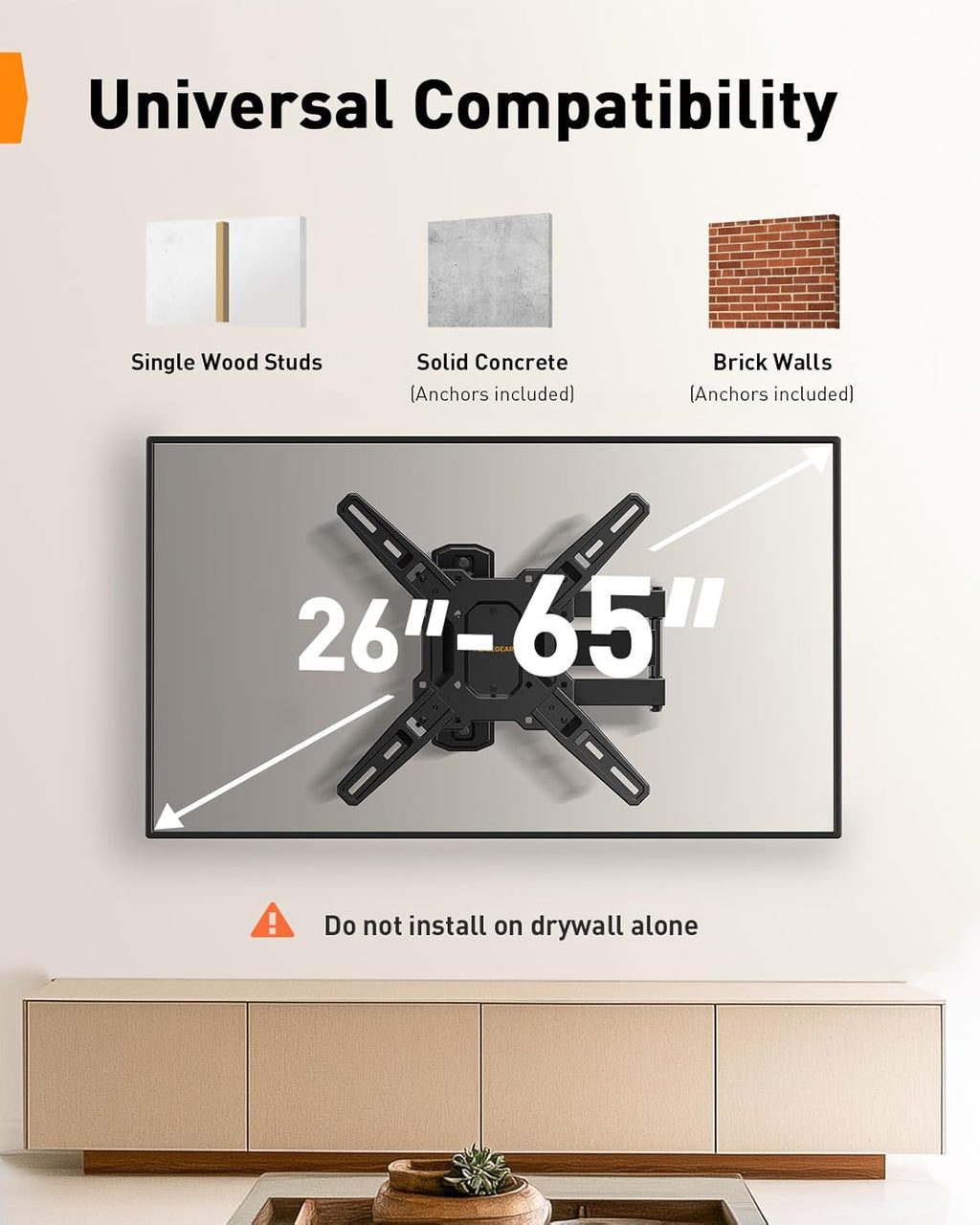 Perlegear Full Motion TV Mount - Articulating Wall Bracket for 26-65 Inch TVs | Tool-Free Tilt & Swivel, Max VESA 400x400mm