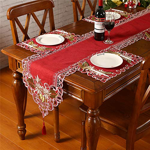 Christmas Placemats Set of 6 Burgundy Embroidered Poinsettia & Holly Holiday Table Decor