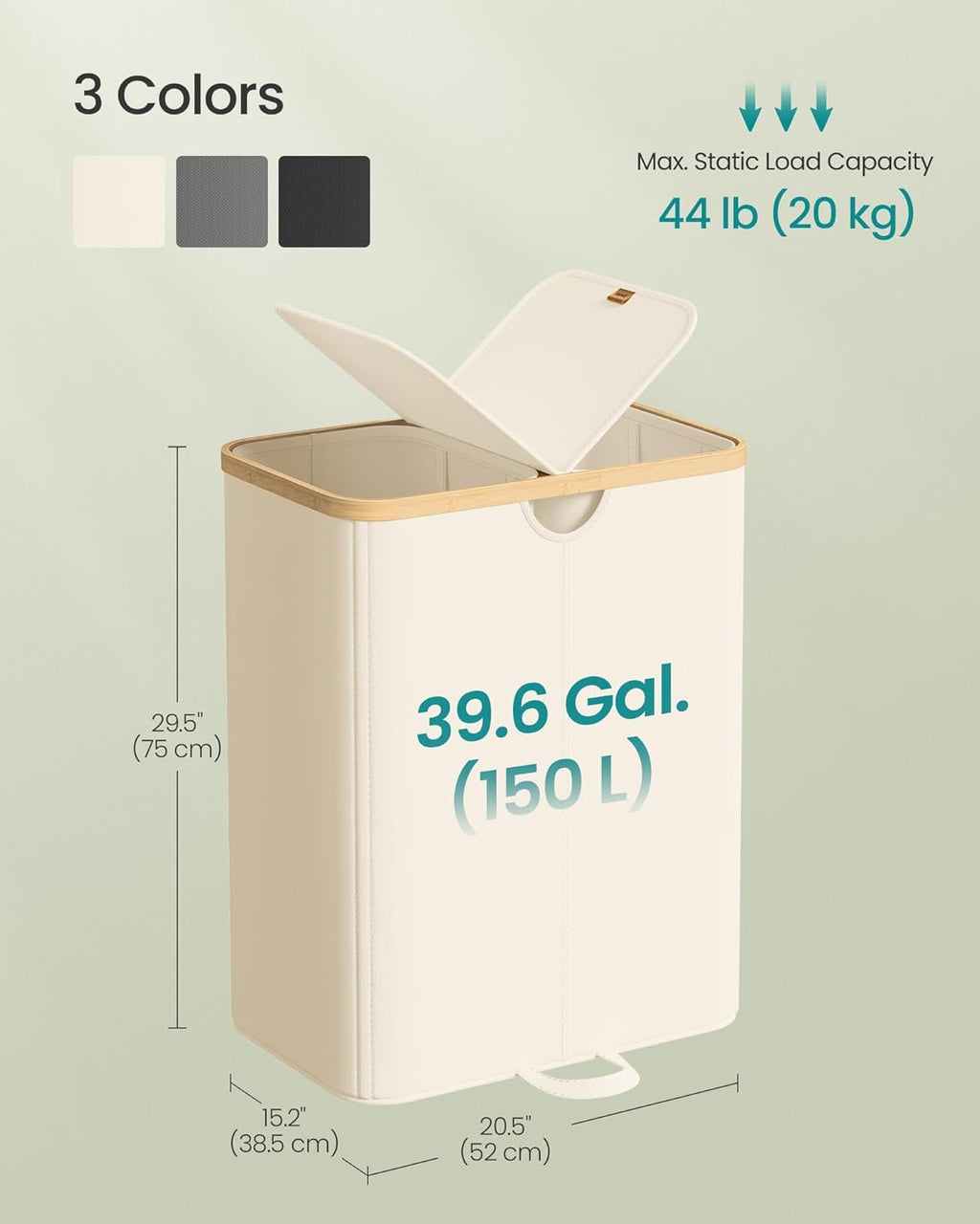 SONGMICS Laundry Hamper - 39 Gal. Dual Compartment Basket with Removable Liner Bag - Cream White & Light Bamboo