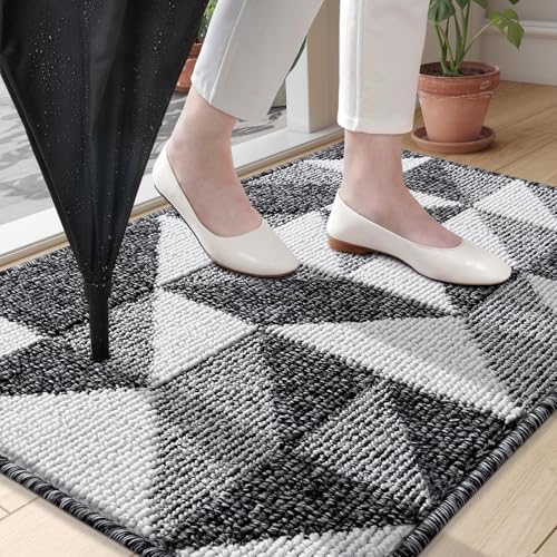 OLANLY Indoor Door Mat, 32x20 Geometric Low-Profile Entrance Rug, Black