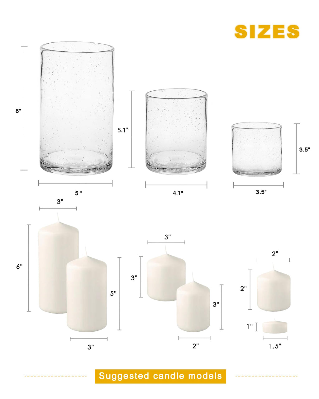 ARIAMOTION Glass Candle Holders Set, Hurricane Vase Centerpieces for Pillar Votive Flower,Clear Seeded Bubbles Cylinder Bulk, Mother's Day Birthday Gift,3 Sizes 8 Inch 5 Inch 3.5 Inch Height
