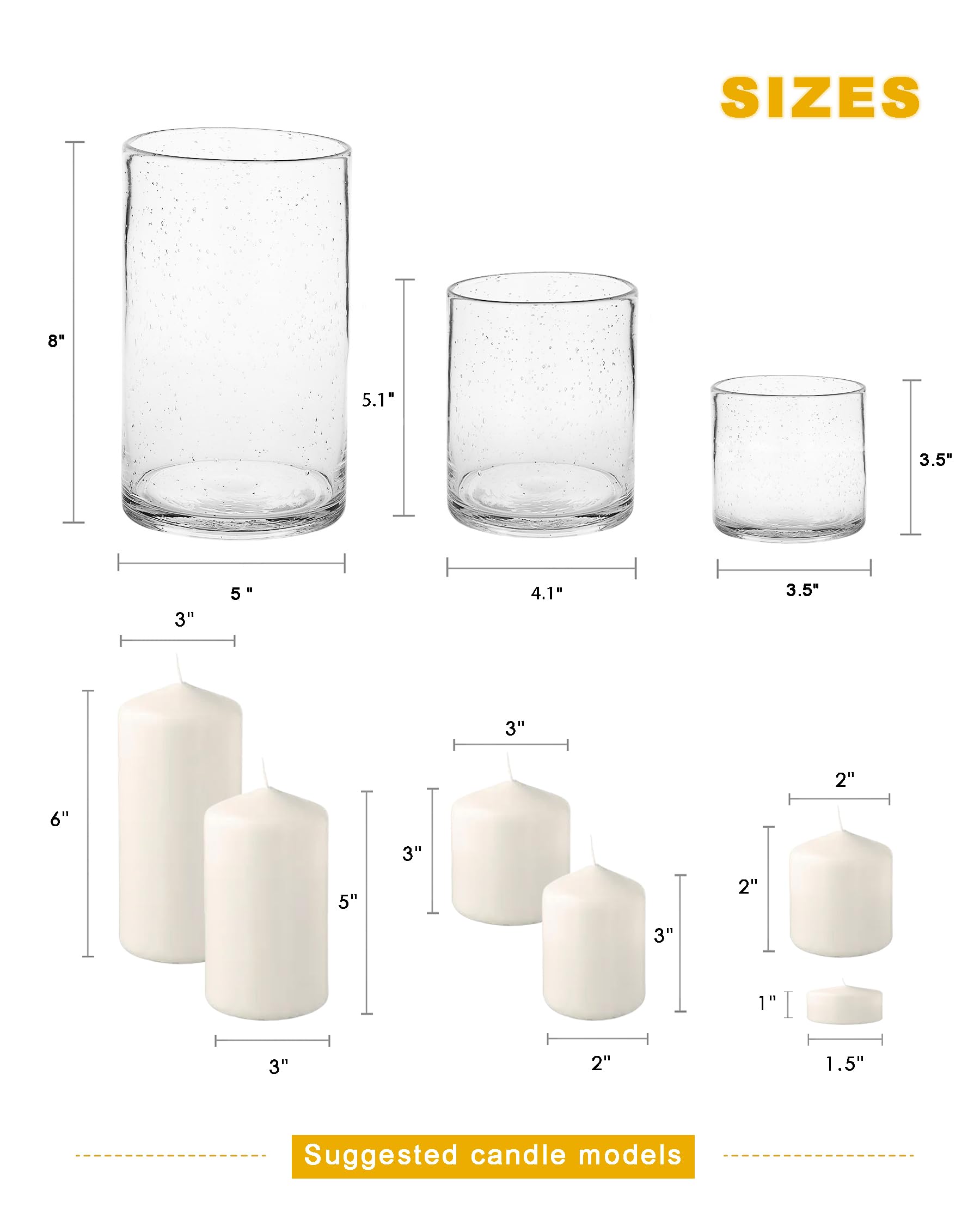 ARIAMOTION Glass Candle Holders Set, Hurricane Vase Centerpieces for Pillar Votive Flower,Clear Seeded Bubbles Cylinder Bulk, Mother's Day Birthday Gift,3 Sizes 8 Inch 5 Inch 3.5 Inch Height