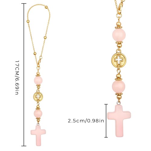 Cross Crystal Hanging Car Charm,Cute Healing Stones Car Decor for Rear View Mirror Boho Handmade Sun Catcher Ornament Accessories Rose Quartz Crystal Protection for Women
