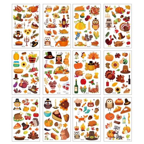 Felico Thanksgiving Temporary Tattoos - 200 Pcs Autumn Harvest Fake Tattoos for Kids Party Favors and Goody Bag Fillers