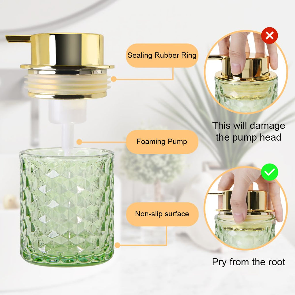 Fvstar 10 Oz Glass Hand Soap Dispenser with Pump, Refillable Bathroom Gold Foaming Soap Dispenser, Vintage Glass Diamond Lotion Container Bottle for Bathroom and Kitchen (1, Green and Gold)