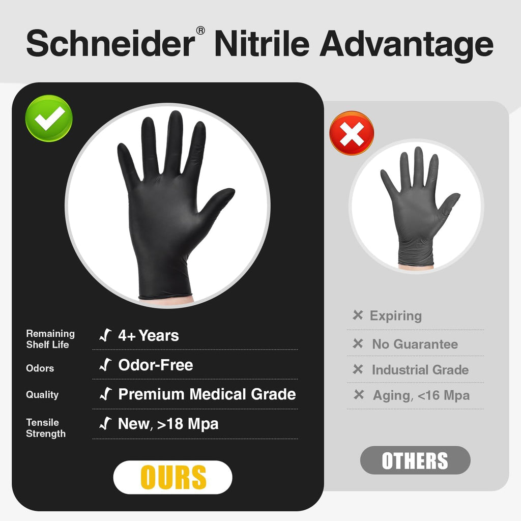 Schneider Nitrile Exam Gloves - Black Latex-Free, Powder-Free Disposable Gloves for Medical & Food Prep
