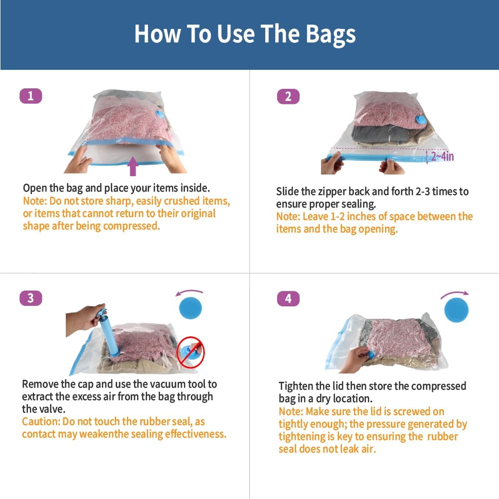 Skiennix Vacuum Storage Bags - 7 Pack Space Saver for Clothing & Travel | Includes Hand Pump