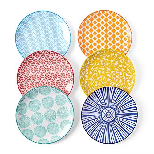 Assorted Colors Ceramic Dessert Plates Set of 6 - 6 Inch Small Snack Plates