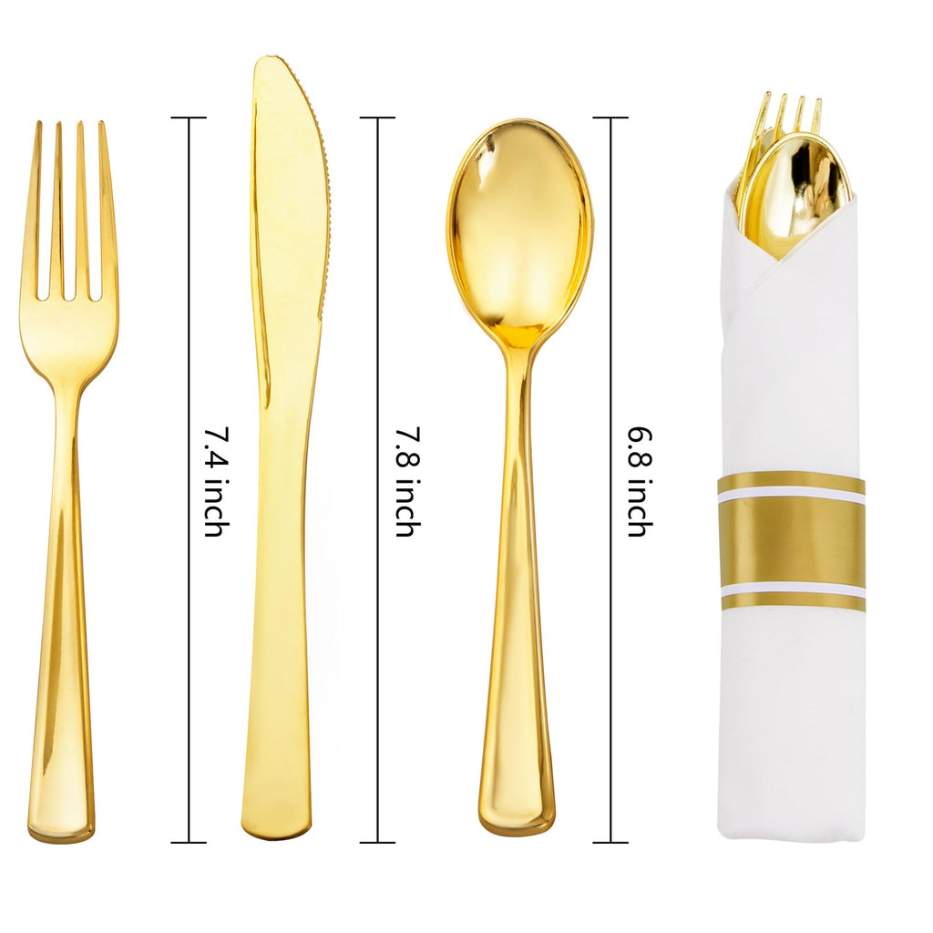 Nervure 400PCS Pre Rolled Gold Plastic Silverware Sets - Heavy Duty Gold Cutlery - Include 100 Pack Wrapped Disposable Utensils with Napkins for Parties, Dinners & Weddings