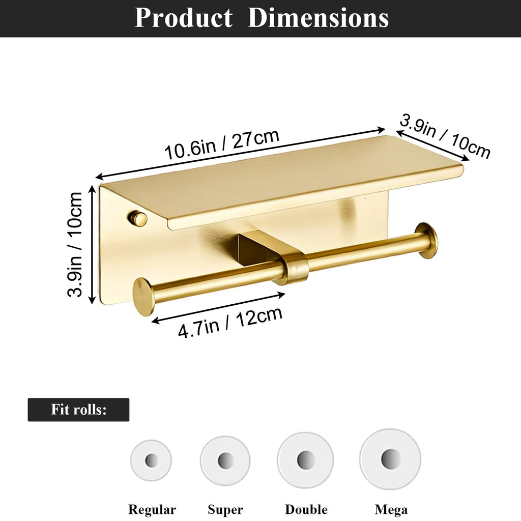 Toilet Paper Holder, NEWRAIN Double Bathroom Toilet Paper Roll Holder with Shelf, Stainless Steel Wall Mounted RV Tissue Roll Holder, Brushed Gold Commercial Farmhouse Toilet Paper Dispenser