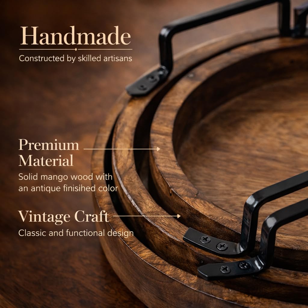 Set of 2 Round Wooden Serving Trays with Handles – Handcrafted Rustic Brown Trays for Kitchen, Dining, Coffee Table & Home Decor Antique Style Organizer Platters