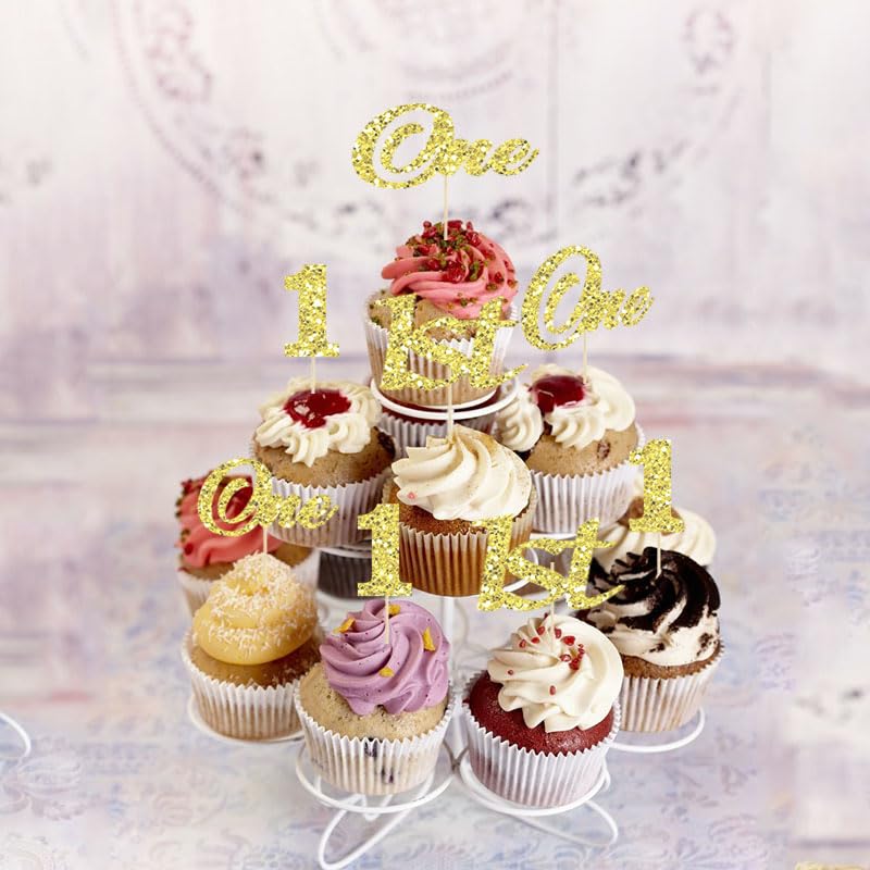 Gold Glitter One Cupcake Toppers 30 Pcs for 1st Birthday Party