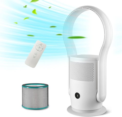 Bladeless Tower Fan - HEPA Filter, 80° Oscillation, Remote Control, 9 Speeds | White