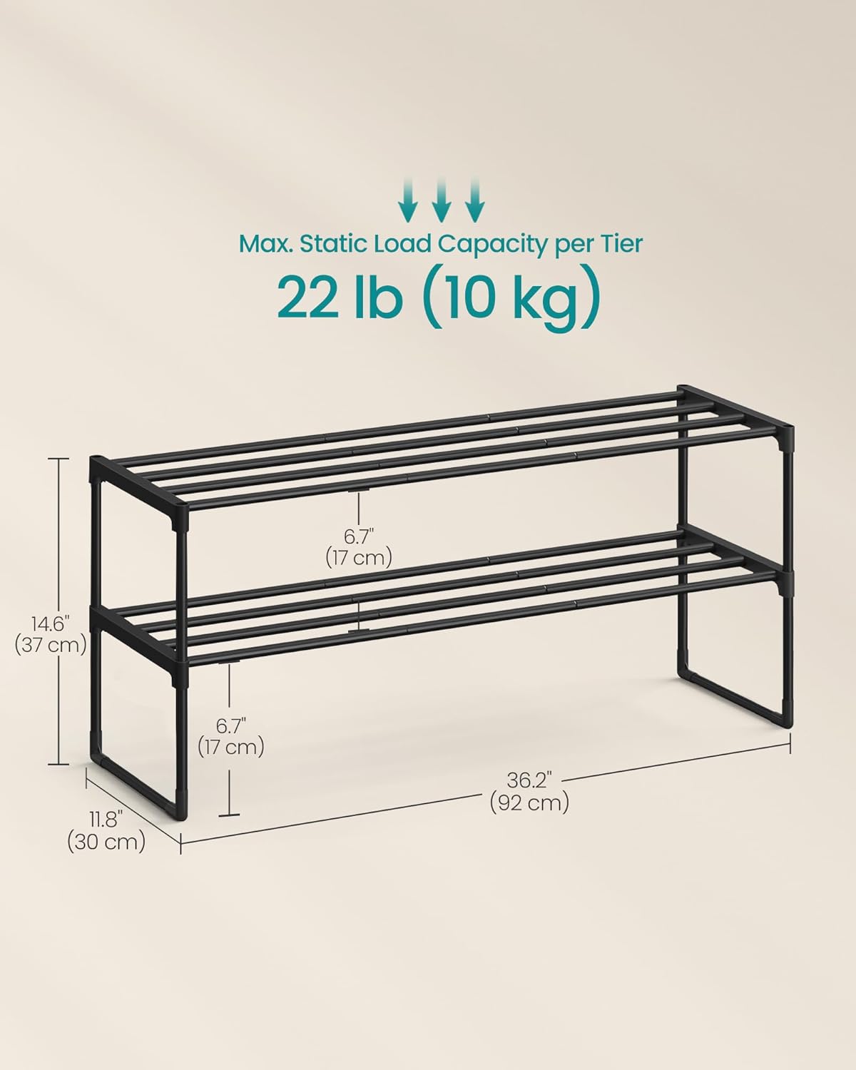 SONGMICS 2-Tier Shoe Rack - Stackable Metal Organizer for 12-15 Pairs | Black, 11.8 x 36.2 x 14.6 Inches