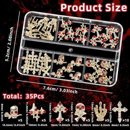 CESUSME 35 Pcs Gold Punk Nail Charms Alloy Skull Skeleton Hand Gems
