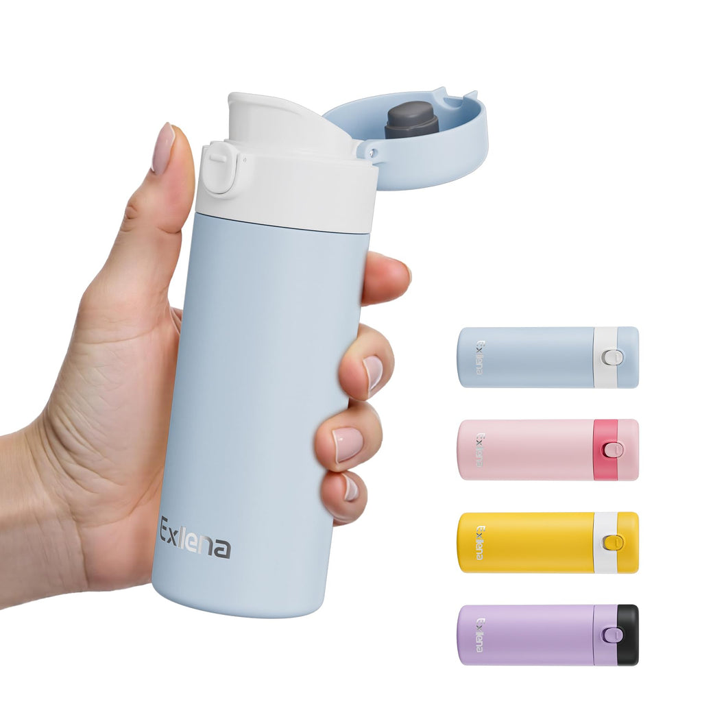 Exllena Small Insulated Water Bottle with Push-Button Lid – 7.5oz/220ml Mini Flask, Leakproof Mini Water Bottle for Coffee, Milk, Travel, School & Office Use(Blue & White)