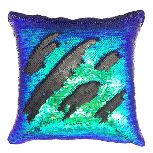 YOUR SMILE Mermaid Throw Pillow Cover - Reversible Sequins, 16"x16", Green/Black