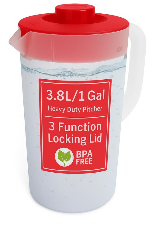 Water Pitcher with Lid 1 Gallon Pitcher, Freezer/Dishwasher Safe, BPA Free & Phthalate Free - Red