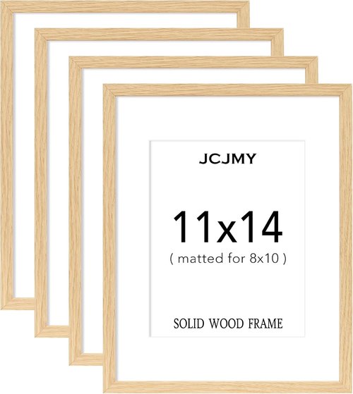 JCJMY 11x14 Picture Frame Set of 4 - Solid Wood with Shatter-Resistant Plexiglass | Natural Finish