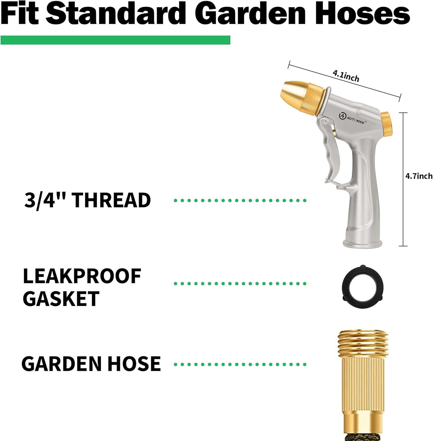 AUTOMAN Garden Hose Nozzle - Heavy Duty Metal Sprayer with 4 Patterns for Watering & Washing