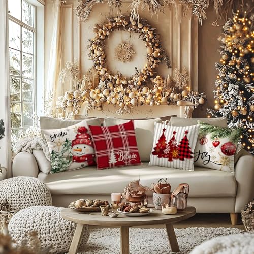 Artmag Christmas Pillow Covers Set of 4 - 18x18 Inch Buffalo Plaid Snowman & Tree