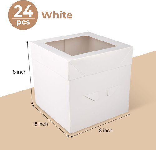 Cakebon Cake Boxes - 24-Pack 8x8x8 Inch Windowed Cake Boxes for Birthdays, Weddings & Parties