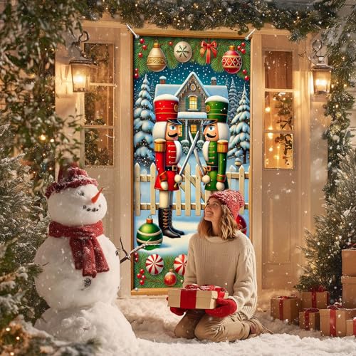 Nutcracker Twins Christmas Door Cover Banner 71x35 Inch - Holiday Decor
