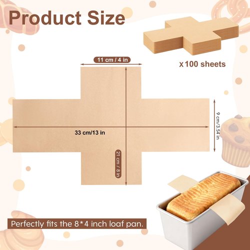 ZANHIX 100 Pcs Loaf Pan Liners 8x4 Inch, Non-Stick Disposable Brown Parchment Paper, Bread Pan Liners for Baking Toast, Cakes & Banana Breads - Greaseproof Loaf Liners for Baking Pans