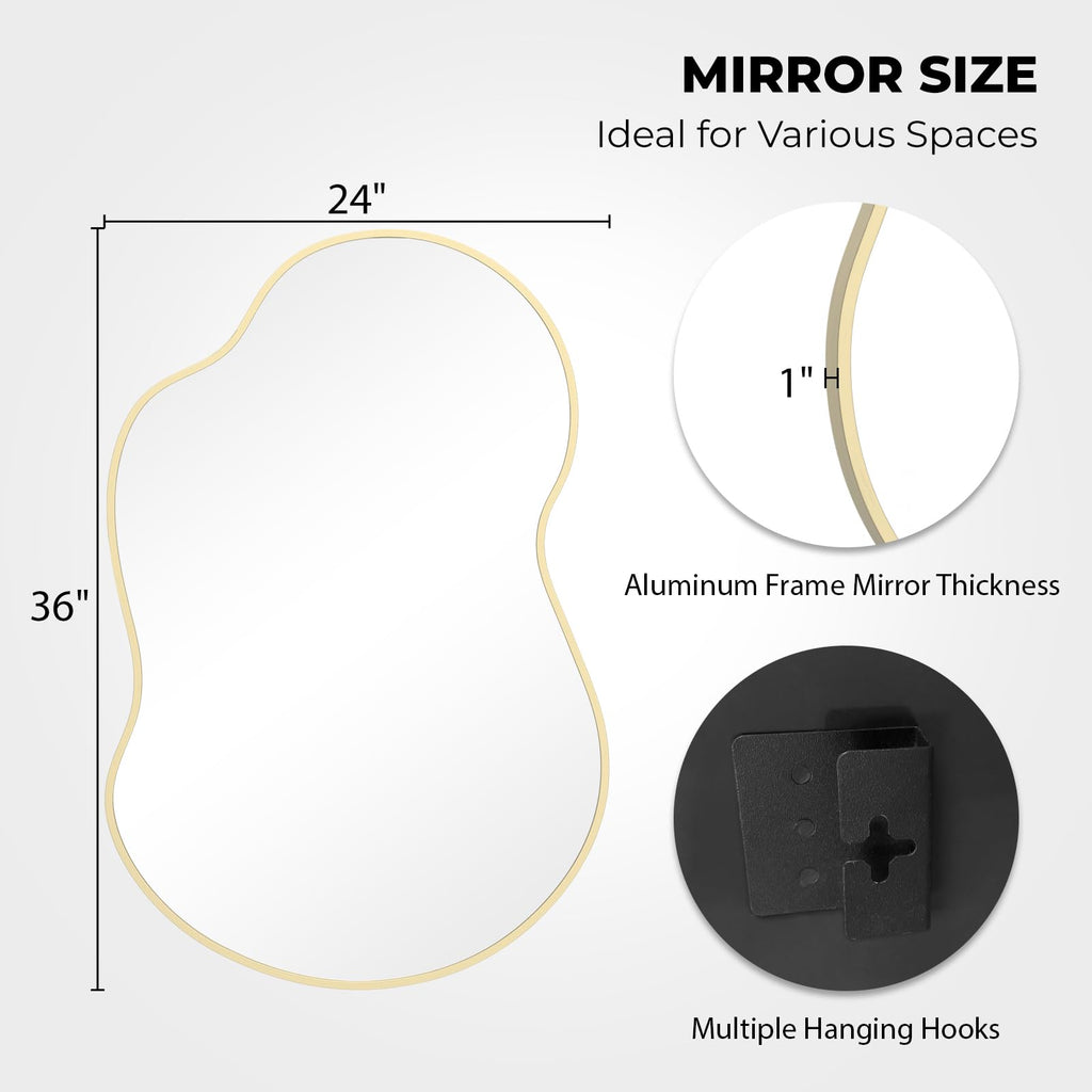 WallBeyond Gold Asymmetrical Mirror, Modern Irregular Wall Mirror with Aluminum Frame for Bedroom, Bathroom, Living Room, and Entryway 36" H x 24" W (Gold)