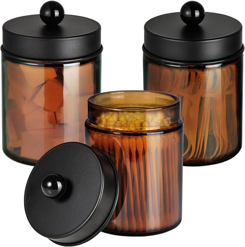 Amber Glass Qtip Holder - Apothecary Jar with Metal Lid & Stickers | 3-Pack Vanity Organizer Set for Bathroom Accessories