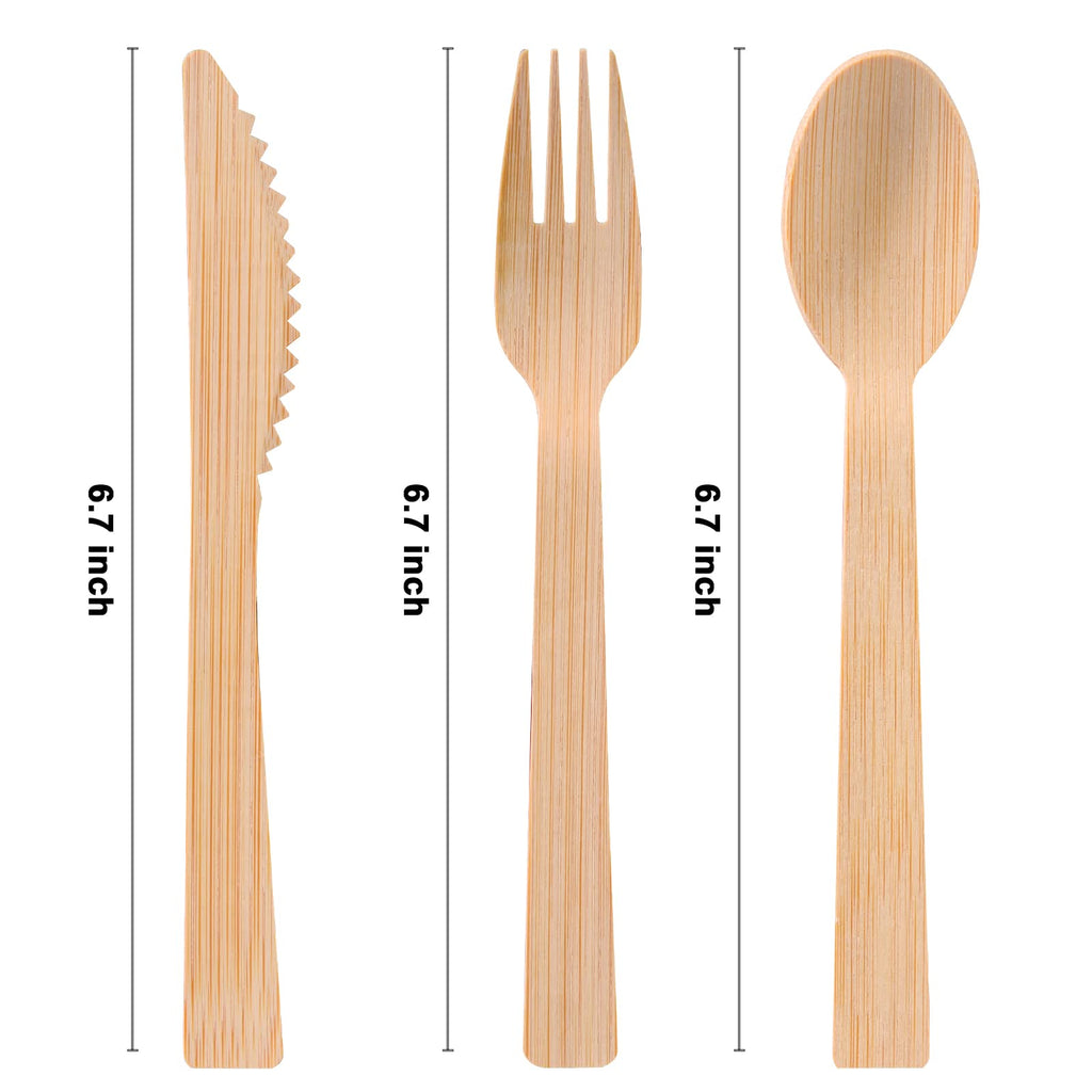 Pre Rolled Napkin and Bamboo Cutlery Set - 50Pack Bamboo Utensils/Compostable Cutlery(50 Forks, 50 Knives, 50 Spoons, 50 Napkins), Biodegradable Wrapped Cutlery for Party, Wedding, Events