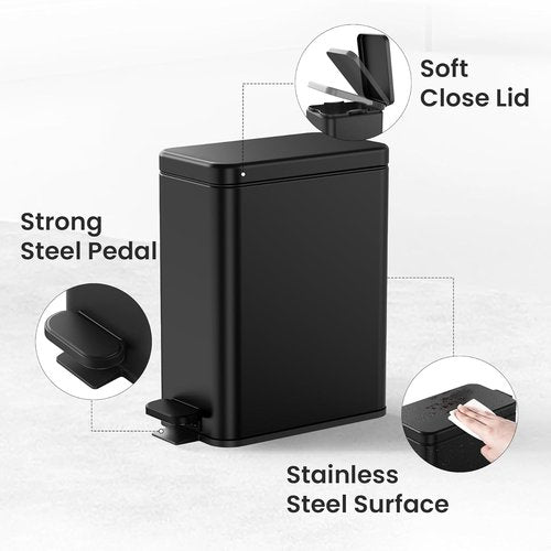 Cesun Bathroom Trash Can - 2.6 Gallon Black Waste Basket with Soft Close Lid & Step Pedal