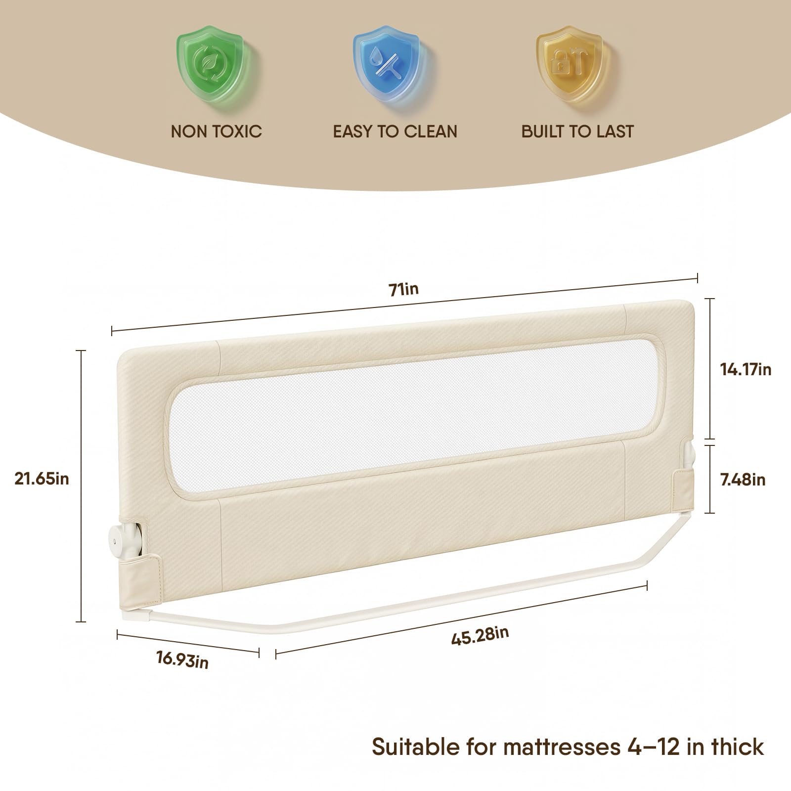 TodiNest Folding Bed Rail for Toddlers, Baby Bed Rail Guard with Reinforced Anchor Safety System, Toddler Bed Rails for King Size Beds, Twin, Full, Queen (Khaki, 71" L x 21.6" H)