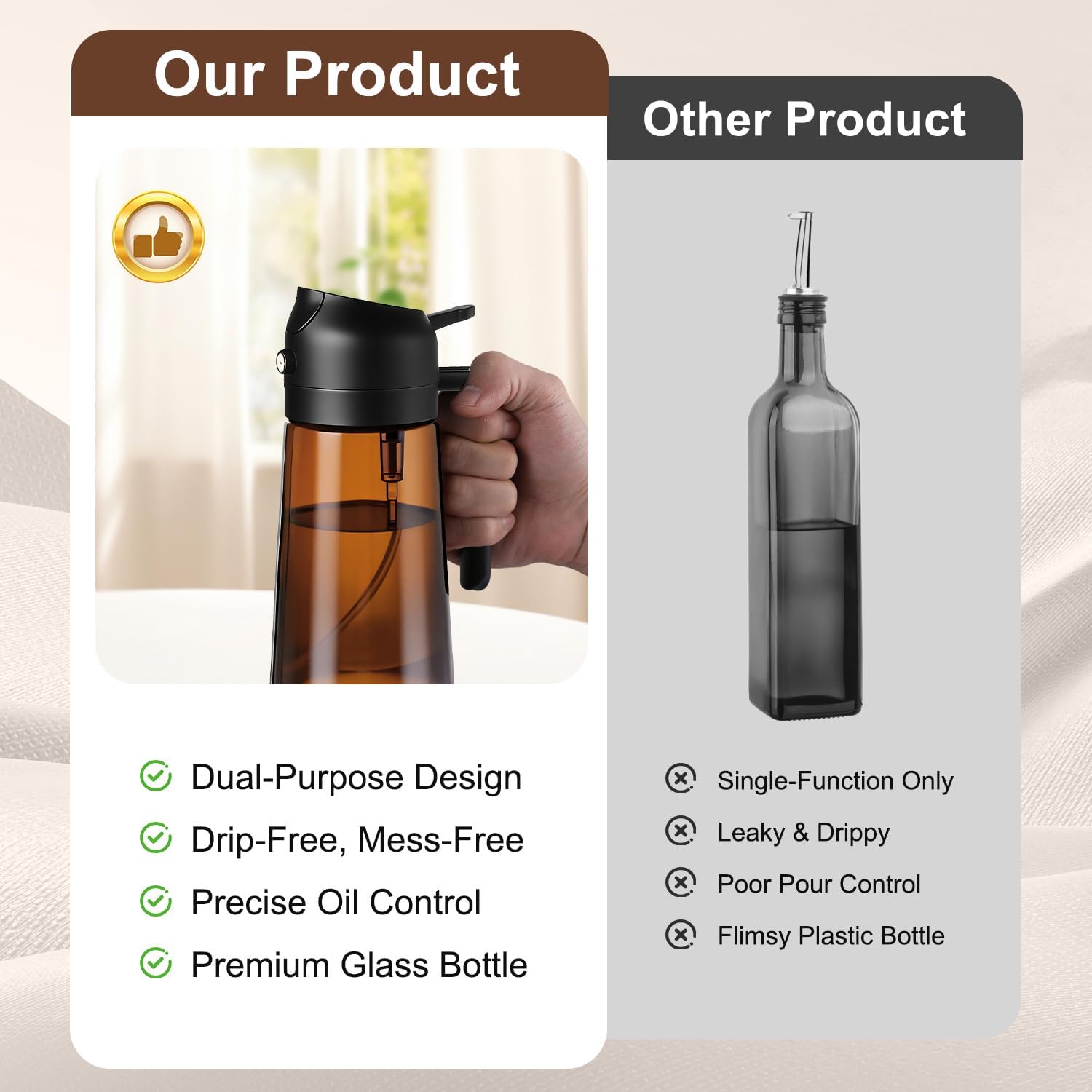 Olive Oil Sprayer 16oz - Premium Dark Brown Glass Dispenser for Cooking & Air Fryer | 2-in-1 Spray & Pour