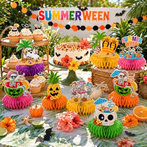 Summerween Honeycomb Centerpieces - 12 pcs Tropical Halloween Decor
