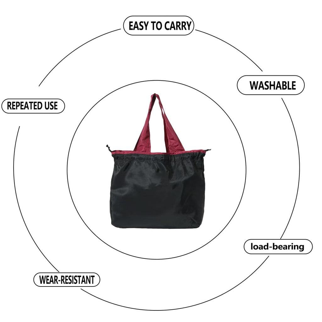 fxqtomio Reusable shopping tote bag, large capacity drawstring tightening top, foldable grocery tote bag, shoulder bag (Black)