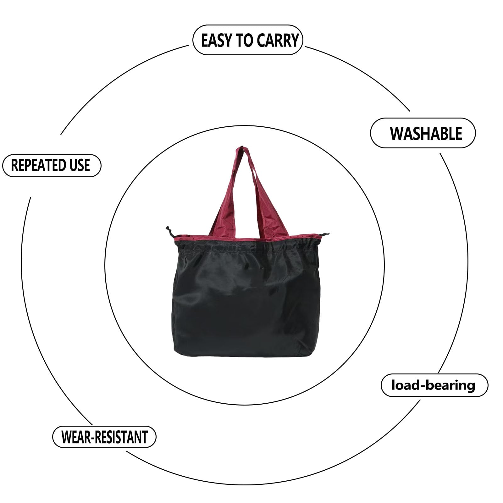 fxqtomio Reusable shopping tote bag, large capacity drawstring tightening top, foldable grocery tote bag, shoulder bag (Black)