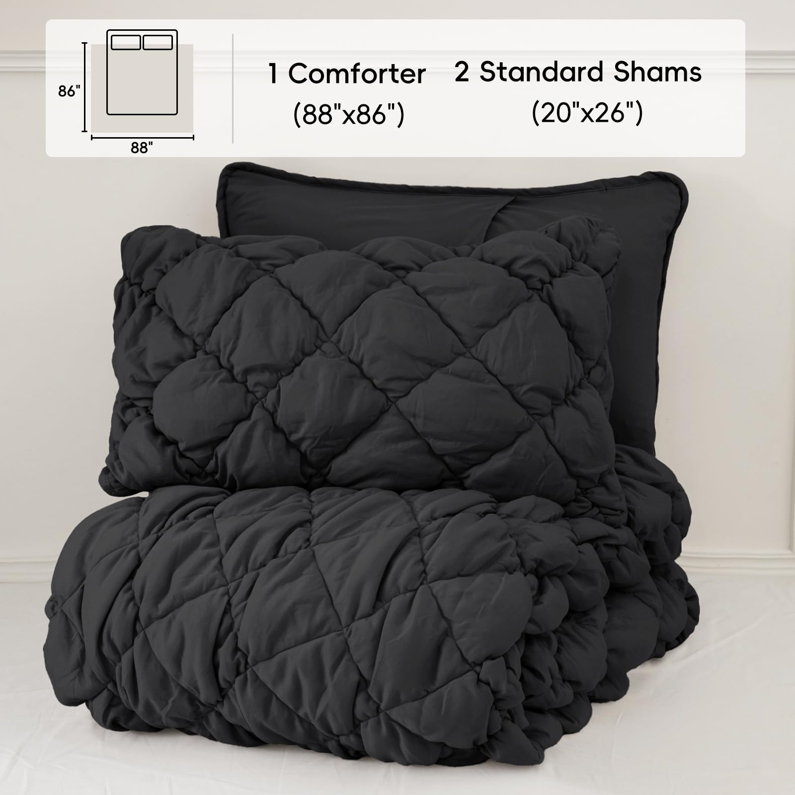 PHF Diamond Marshmallow Puff Comforter Set Queen Size, 3 Pieces Ultra Soft Lightweight Bedding Set for All Season, Pattern Textured 1 Comforter with 2 Pillow Shams, Black
