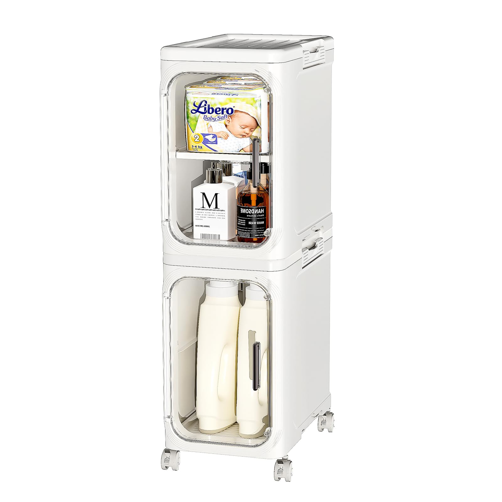 JOYZAN Narrow Bathroom Storage Cabinet with Movable Wheels, Slim Storage Cabinet with 2 Doors & Removable Panel, Skinny Bathroom Organizers and Storage for Small Space, Corner, Kitchen, Laundry