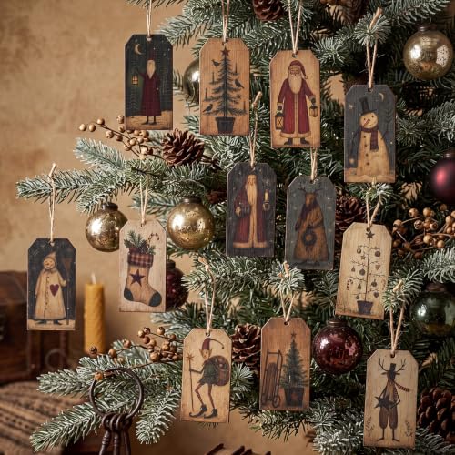 Rustic Christmas Snowman Ornaments Set - Primitive Holiday Tree Decor with Jute Loops - 12 Pieces