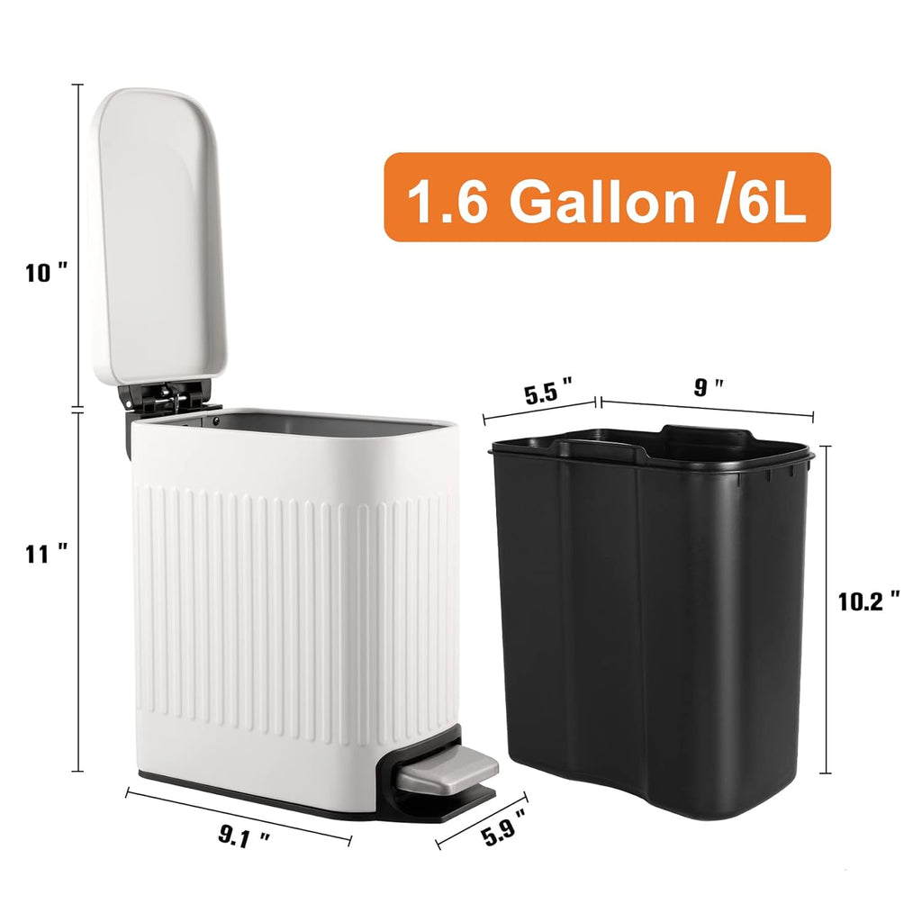 TrashAid Slim Bathroom Trash Can - Soft Close Lid, 6L Stainless Steel Wastebasket | White