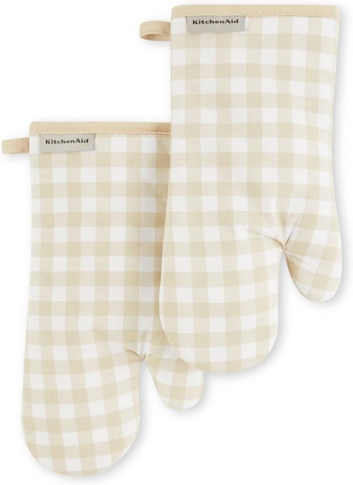 KitchenAid Gingham Oven Mitts - 2-Pack Set in Milkshake Color | 7"x13" Size for Ultimate Protection