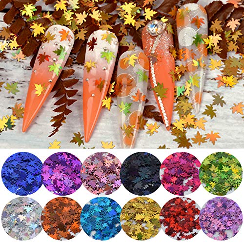 MEILINDS 3D Fall Maple Leaf Nail Art Sequins 12 Colors Holographic Glitter