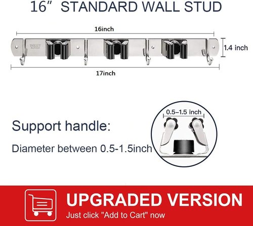 IMILLET Broom and Mop Holder - Wall Mounted Stainless Steel Organizer | Heavy Duty Self-Adhesive Hooks for Home